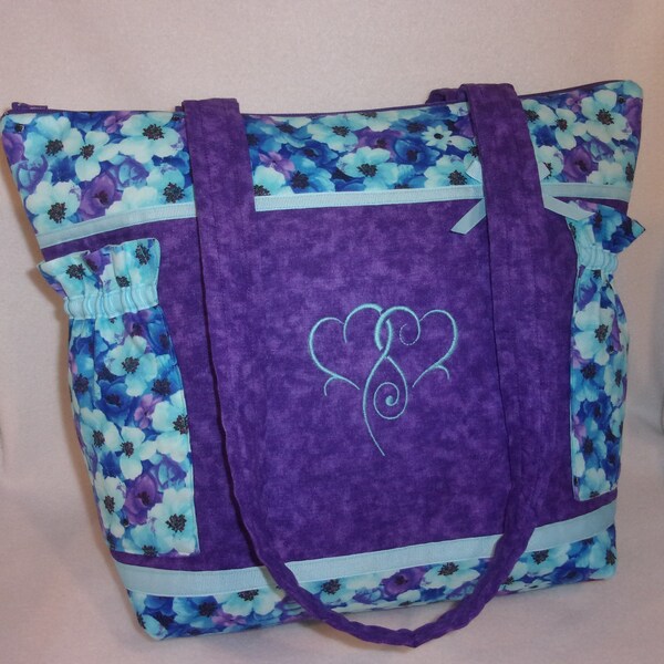 Spring summer Ready to ship Boutique Nightbloom floral aqua blues purple handbag diaper bag purse personalize plus it has heart embroidery