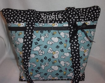 Handmade Snoopy & Woodstock Peanuts paws Tote Bag: 10-Pocket Handbag blue black purse several sizes options personalize it also choose trim