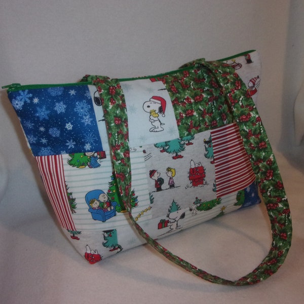 Quilted Boutique Peanuts gang Charlie Brown Christmas Snoopy adorabble handbag purse tote bag  add name in a square ready to ship