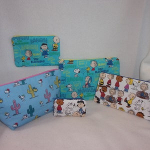 Snoopy Charlie Brown Handmade 3 fabrics accessories Mini coin regular coin pencil case~small make up bag~ med make up bag all ages add name