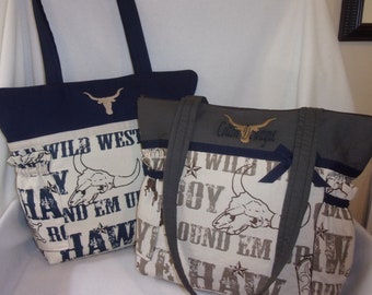 Western theme Cowboy Cowgirl words in denim or brown diaper bag purse Dad's baby shower gift personalize it yeehaw sherriff customize