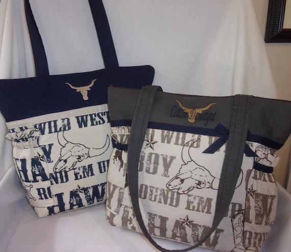 Western theme Cowboy Cowgirl words in denim or brown diaper bag purse Dad's baby shower gift personalize it yeehaw sherriff customize