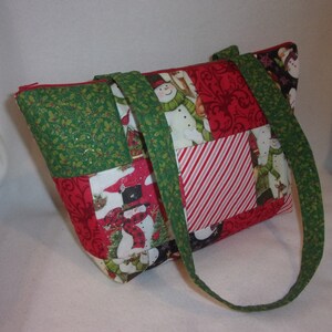 Quilted Christmas Tote Bag: Snowmen, Candy Canes, Cardinal fun custom purse handbag with inside pockets and I can add a name