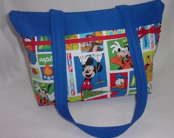 Handmade Disney Gang Mickey Goofy Donald Duck Pluto Chip and Dale fun tote with wow 10 pockets!  colorful great nostalgic print add a name!