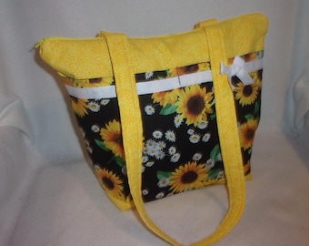 Bolso tote Sunflower Daisy: Bolso de mano personalizado de 10 bolsillos en negro y amarillo, muy colorido y lleno de alegría, añade un nombre.