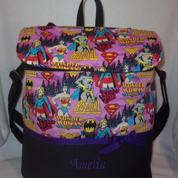Super Hero all girls Pink School book bag diaper bag College personalize it for a great gift has outside zipper pocket and inside or open
