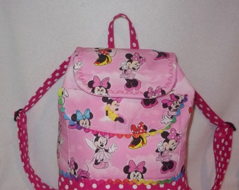 Handmade Girls Minnie Mouse pink  polka dots School book bag diaper bag  personalize it for a great gift has outside and inside pocket