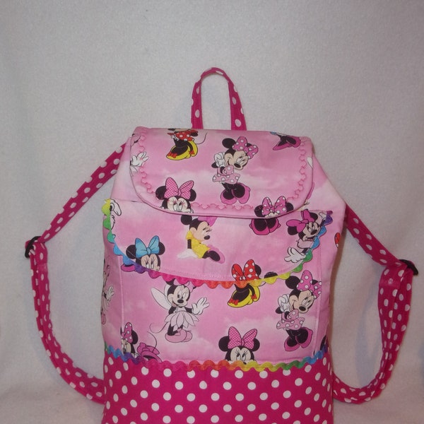 Handmade Minnie Mouse pink with polkadots School book bag diaper bag  personalize it for a great gift has outside and inside pocket