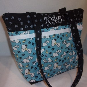 choice two Blue Snoopy Woodstock Handmade Black dog paws 10 pockets handbag tote 5 sizes personalize for Peanuts gang lovers choose trim