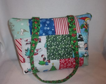Quilted Peanuts Gang Snoopy Christmas Tote Bag: Handmade Boutique Purse each one different fun for your snoopy lover for Christmas add name