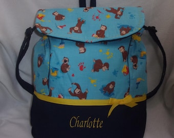Curious George Handmade 3 fabric choices back pack diaper bag school book bag Baby shower birthday 3 sizes personalize any age color choices