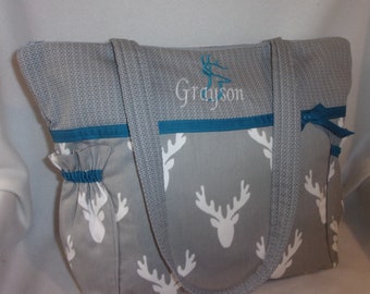 XLG Deer Antlers Hunters gray Diaper bag personalize gender neutral baby shower gift fun handbag purse tote add name pick ribbon trim colors