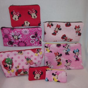 Disney Minnie Mouse handmade accessories 5 fabric choices mini+regular coin purse~pencil case~small make up bag~medium make up bag  add name