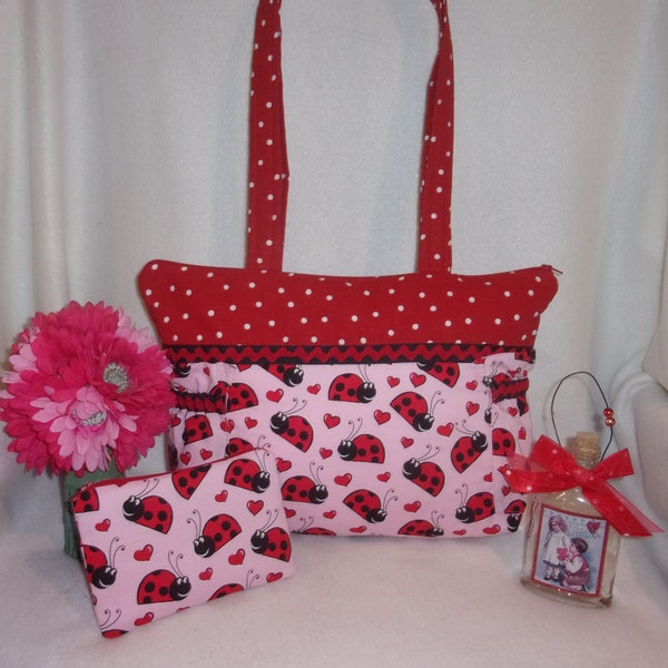 ships asap Red pink Lady bug love bug sweet heart tote handbag purse personalize has 8 pockets and a perfect gift for loved one plus coin