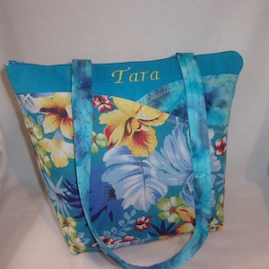 Aloha! Hawaiian floral fancy 10 pockets! handbag tote purse add initials or a name all included great gift for all seasons 2 sizes