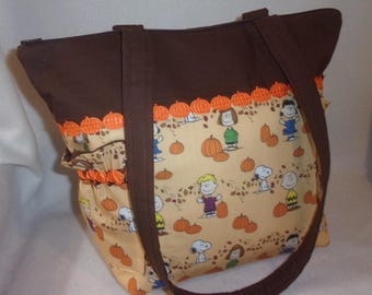 Handmade Snoopy Peanuts gang Fall Autumn Tote purse handbag: Embroidered Pumpkin Trim, Personalized upon request