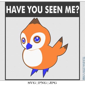 May include: A cartoon illustration of an orange and white bird with blue eyes and a blue beak. The bird is standing on blue feet and has a brown crest on its head. The text "HAVE YOU SEEN ME?" is written in black letters on a black background above the bird.