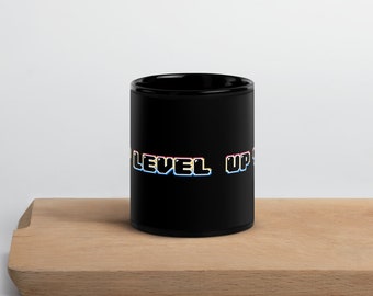 Level Up Black Mug - Retro - Mushroom - Extra Life