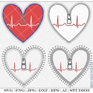 May include: Four variations of a heart with a zipper and a red heartbeat line. The heart is red, white, or gray. The zipper is gray. The heartbeat line is red.