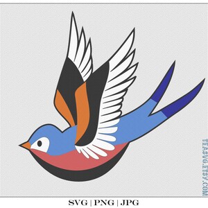 May include: A stylized illustration of a blue, red, orange, and black swallow in flight. The swallow has a white wing and a blue tail.
