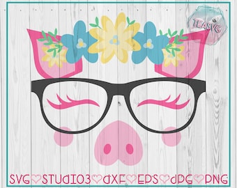 SVG: Floral Pig With Glasses  - Cricut - Cuttable - Studio3 Silhouette - DXF - EPS - Farm, Nerd, Geek, Flowers, Unicorn, Eyelashes, Hipster