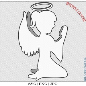 May include: A black and white line drawing of an angel with a halo, wings, and a long flowing dress. The angel is kneeling with its hands clasped in prayer.