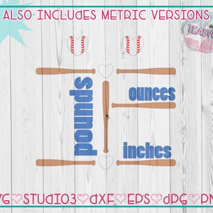May include: A digital design featuring two baseballs with hearts, two baseball bats, and the words "pounds", "ounces", and "inches" in blue text. The design is on a woodgrain background.