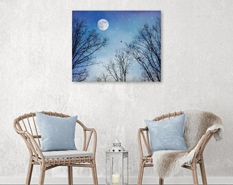 Full Moon Stars & Winter Trees Print, Black Birds, Blue Sky, Dreamy Night, Large Wall Art, Celestial Nursery Décor, Twilight - Moon Dreams