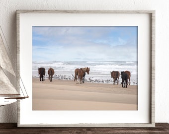 Wild Horses on the beach photography, ocean waves in background, Spanish Mustangs Horse Harem, Large Wall Art - Together