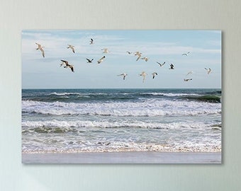 Ocean Photography Birds Seagulls Flying Photo Blue Aqua Teal Waves Photograph Coastal Wall Art Print Beach Cottage Décor - Flock of Seagulls