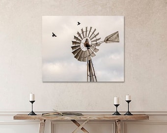 Windmill Print, Farmhouse Photography, Large Wall Art, Crows, Blackbirds, Rural Photo, Vintage Country Rustic Home Decor - High Flying #2