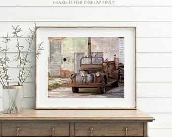 Fire Engine Photograph, Antique Vehicle Print or Canvas, Vintage Chevy, Firefighter, Rusty Red Brown Truck, Fire Station - Engine Number One