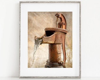 Vintage Water Pump Photograph, Rustic Bathroom Decor, Brown Pitcher, Antique Hand Pump, Farm Kitchen Retro Bath Large Wall Art - Weathered 1
