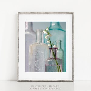 Flower Photography, Print or Canvas, Floral Art, White Flowers, Glass Bottles, Nature, Botanical Print, Spring Decor Lily of the Valley image 1