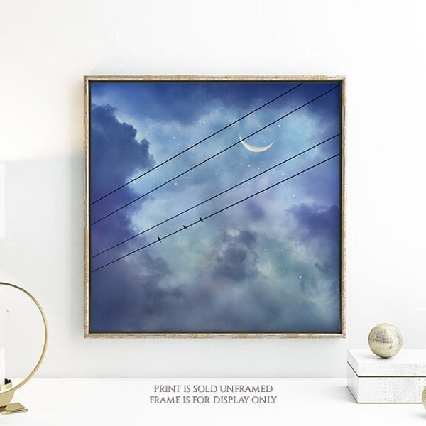 NIght Birds • Crescent Moon Photograph, Celestial Print or Canvas, Stars, Birds on Wire, Twilight Dusk Art, Teal Blue Purple Lavender Sky