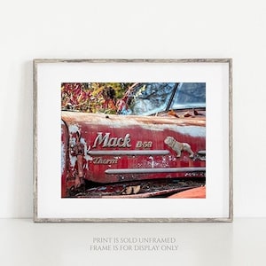 Mack B53 in Red Vintage Mack Truck Photography, Junkyard Print or Canvas Wrap, Antique Old Rusty Truck, Rustic Print, Farmhouse Wall Art image 1