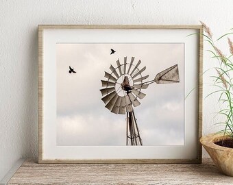 High Flying No 2 • Old Aermoter Windmill Photograph, Country Farmhouse Kitchen Print, Flying Crows, Rural Rustic Art, Western Large Wall Art