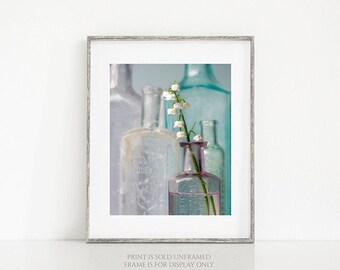 Flower Photography, Print or Canvas, Floral Art, White Flowers, Glass Bottles, Nature, Botanical Print, Spring Decor -  Lily of the Valley