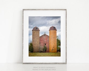 Twin Silo Barn • Barn Photograph with Two Silos Print or Canvas, Farmhouse Rustic Home Décor, Barn Art, Farm, Rural, Nature, Country Photo