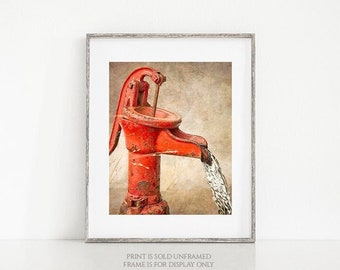 Antique Water Pump Photograph, Print or Canvas, Rustic Bathroom & Laundry Room Decor, Retro Kitchen, Large Wall Art - Weathered No. 2 in Red