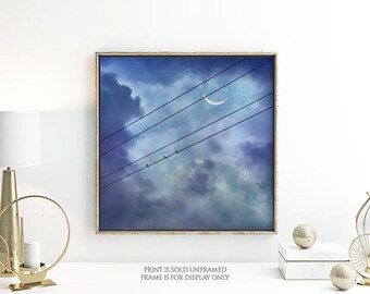 NIght Birds • Crescent Moon Photograph, Celestial Print or Canvas, Stars, Birds on Wire, Twilight Dusk Art, Teal Blue Purple Lavender Sky