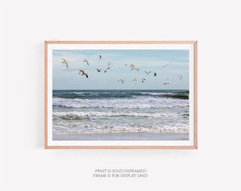 Flock of Seagulls • Ocean Photograph, Birds Seagulls Flying Photo, Blue Aqua Teal Waves, Coastal Large Wall Art Print, Beach Cottage Décor