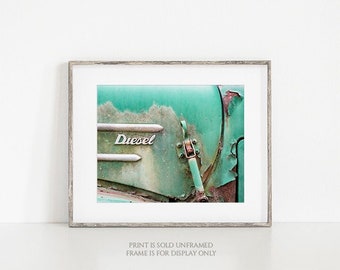 Truck Photo or Canvas, Vintage Emblem Art, Antique Vehicle, Old Car Insignia, Masculine, Rustic Art, Chrome, Rusty Brown, Teal - Diesel