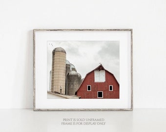 Red Barn and Silos Photography, Old Dairy Farm Print or Canvas, Rustic Country Home Farmhouse Decor, Large Wall Art - Kenwood Barn & Silos