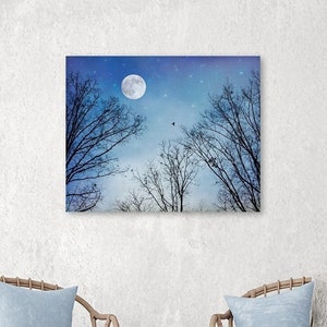 Moon Dreams Full Moon Stars & Winter Trees Print, Black Birds, Blue Sky, Dreamy Night, Large Wall Art, Celestial Nursery Décor, Twilight image 1