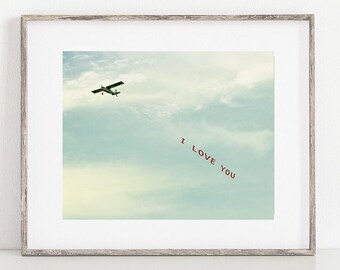 I LOVE YOU Plane, Valentines Day, Gift for Her, Minimalist Art, Wedding Anniversary Nursery Romantic Pilot Airplane Stewardess - I Love You