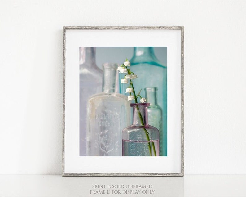 Flower Photography, Print or Canvas, Floral Art, White Flowers, Glass Bottles, Nature, Botanical Print, Spring Decor Lily of the Valley image 1