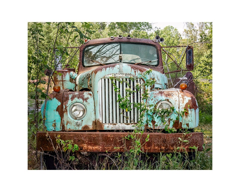 Old Trucks & Honeysuckle No 2 Antique Mack Truck Photograph, Print Canvas Wrap, Gift for Him, Classic Vehicle Photo, Rustic Farmhouse Art image 2