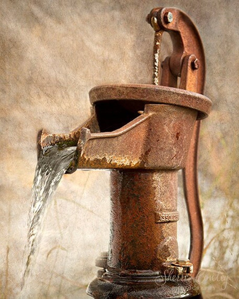 Weathered No 1 Vintage Brown Water Pump Photograph, Rustic Bathroom Decor, Pitcher, Antique Hand Pump, Kitchen Retro Bath Large Wall Art image 2