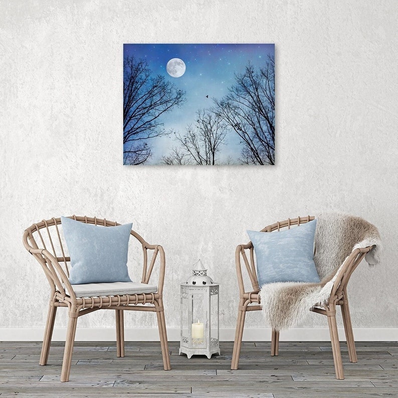 Moon Dreams Full Moon Stars & Winter Trees Print, Black Birds, Blue Sky, Dreamy Night, Large Wall Art, Celestial Nursery Décor, Twilight image 1